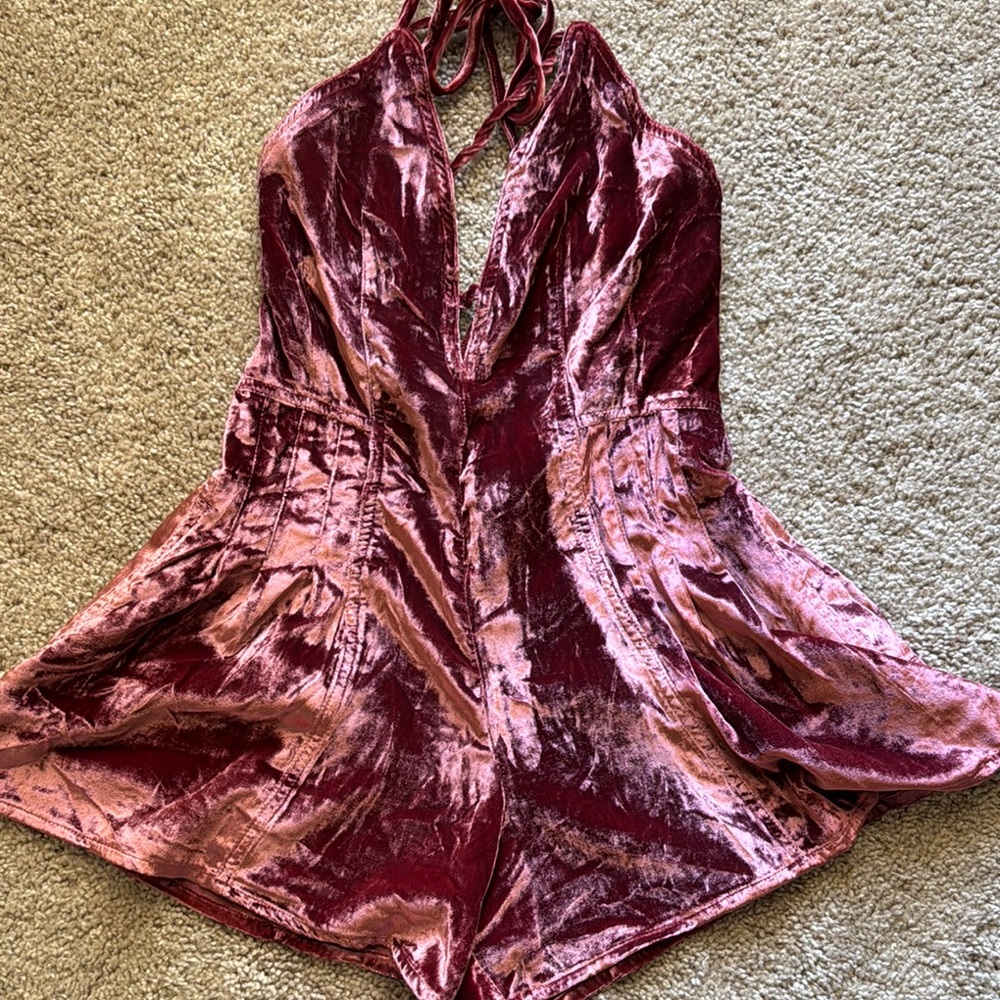 Free People Velvet Halter Romper in Rich Burgundy